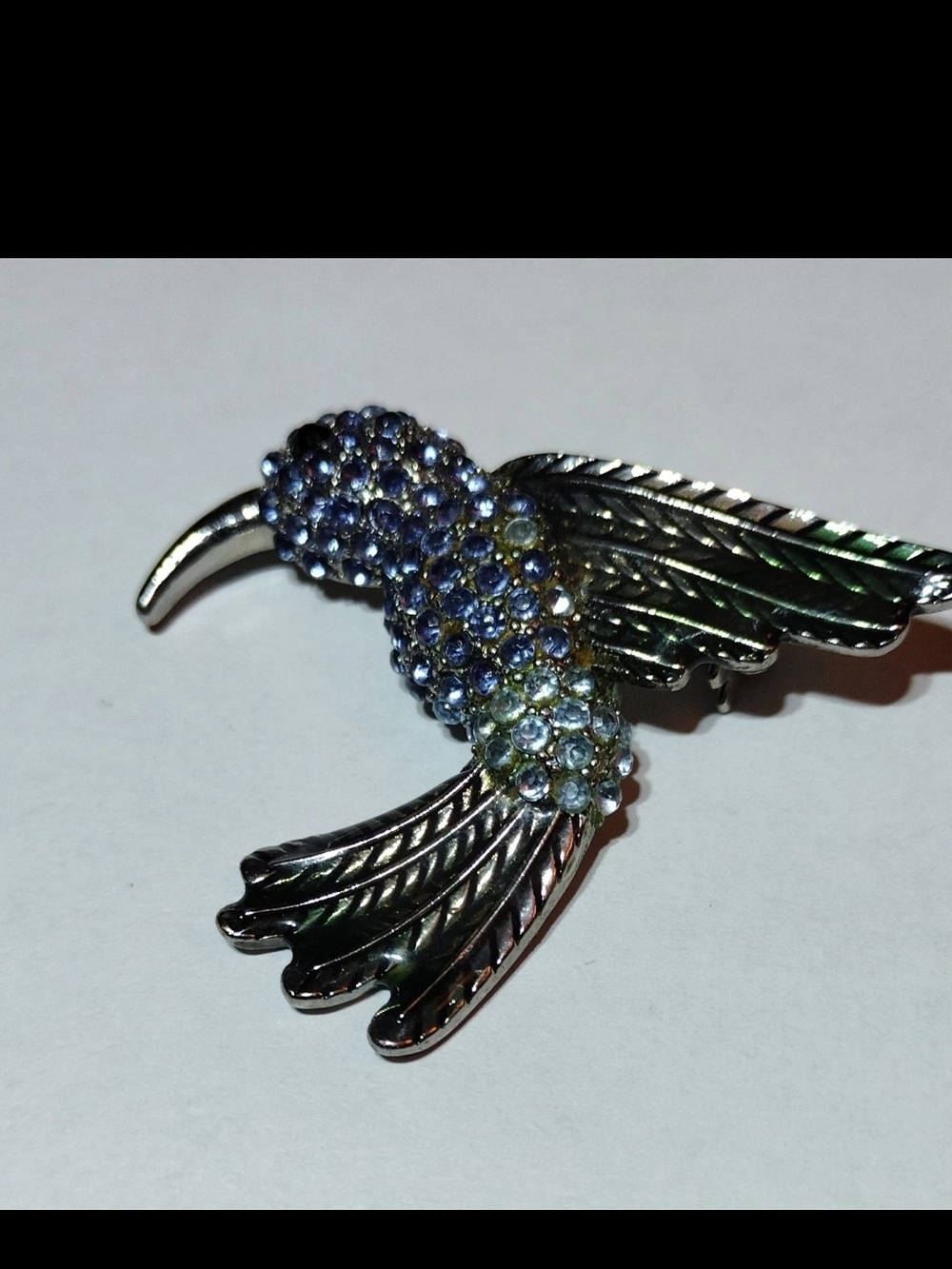 Vintage Silver Hummingbird Brooch Mixed Blue Sapphire Multi Color Rhinestone Pin